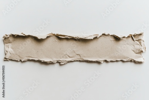 A long strip of brown paper with jagged torn edges is presented, focusing on the length and coarse texture, highlighting the contrast between edges and surface.