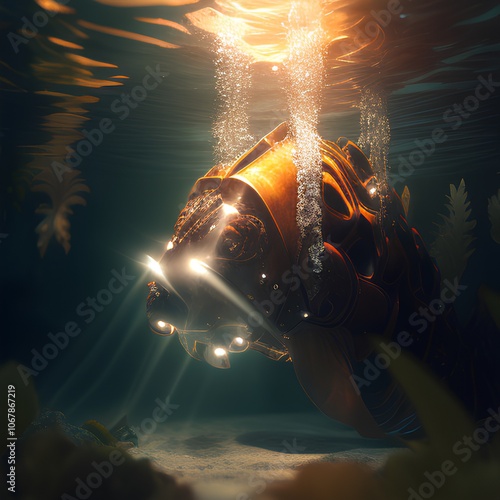 Underwater photo of diver swimming in the sea. 3d rendering