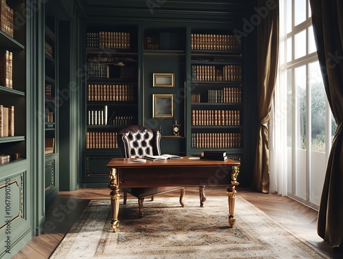 クラシックな書斎と重厚なデスクが演出するエレガントなホームオフィス | Elegant Home Office with Classic Study and Opulent Desk