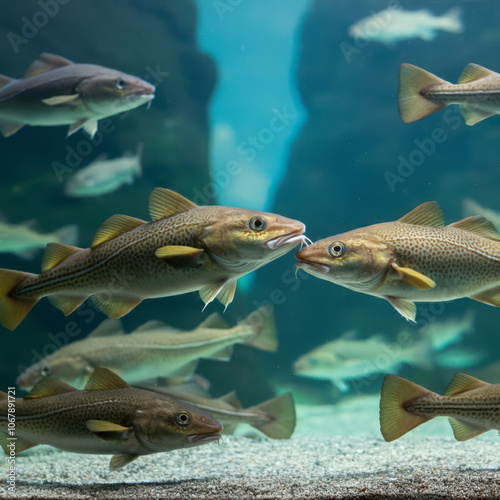 Cods or Gadus morhua and saithes Pollachius Virens fish in the Atlantic Sea Park in Alesund, Norway