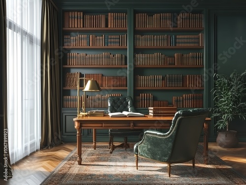 クラシックな書斎と重厚なデスクが演出するエレガントなホームオフィス | Elegant Home Office with Classic Study and Opulent Desk