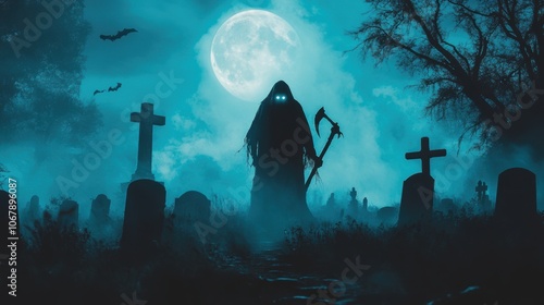 Grim reaper with scythe in graveyard. Halloween theme poster.