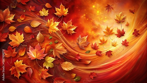 Autumnal Symphony A swirling dance of crimson, amber, and gold, as leaves pirouette on a vibrant, ethereal backdrop.