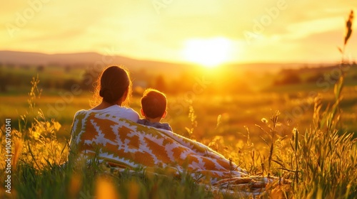 Mother and child watching sunset together in nature