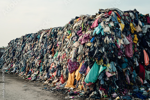 Massive piles of textile waste, fast fashion pollution, discarded clothes in landfill, environmental crisis, unsustainable industry practices harming the planet