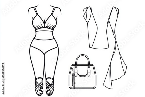 A minimalist line drawing of a sundress and sandals, with a small handbag, on a white background for an OOTD vibe