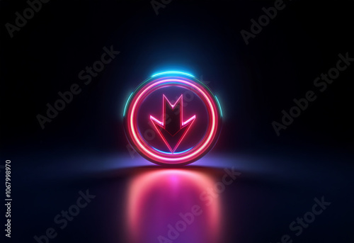 A glowing neon arrow pointing down in a circular frame with a reflective surface.