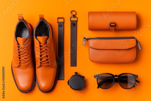 An ultra-realistic outfit flat lay showing high-quality leather boots, belt, and bag, capturing every texture and detail