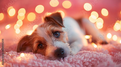 Brown and white puppy laying down surrounded by soft glowing lights against a pink warm background