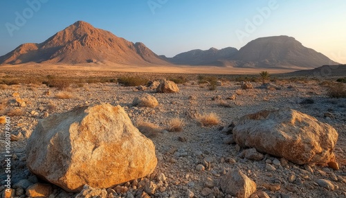 A rocky desert landscape under the bright summer sun, with shadows casting over the terrain. The warm tones create a stark contrast against the pale blue sky