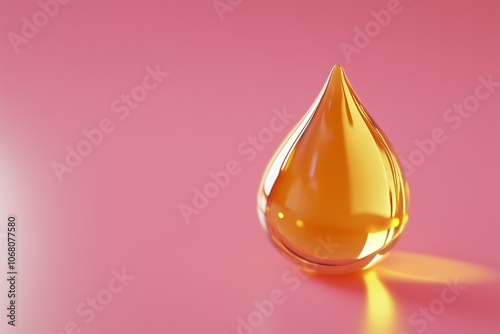 A golden oil droplet in sharp focus on a soft pink background.