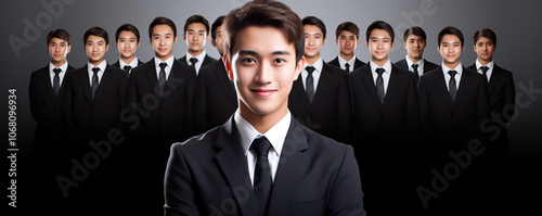 A confident young man in a suit stands in front of a backdrop featuring multiple versions of himself, conveying leadership and ambition