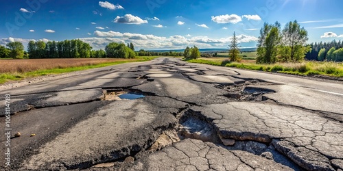 Broken asphalt road in Omsk region, showing large cracks and potholes, Broken, fabric, rural, roads, Omsk