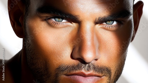 Intense Male Gaze Close up Portrait Dramatic Lighting Brown Skin Blue Eyes