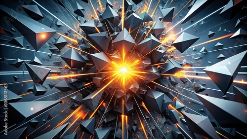 A radiant burst of energy emerges from a fragmented core, a symphony of geometric shards propelled outward by a powerful force, creating a mesmerizing visual of abstract chaos and dynamic movement.