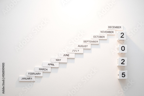 Calendar blocks display months arranged in a staircase formation, culminating in the year 2025, set against a clean white backdrop.