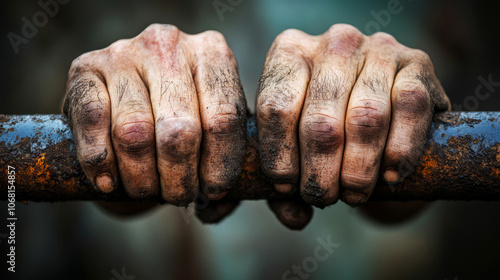 Workers embrace hardship by gripping rusty metal bars with calloused hands in an industrial setting