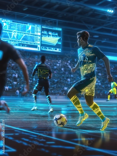 AI powered sports analytics concept with computer vision tracking players in action, showcasing real time performance analysis, and machine learning for enhanced coaching.