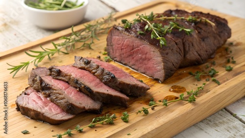 Sliced alpaca meat roast with garnish on wooden board