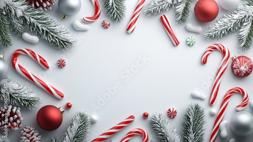 Create a festive christmas wallpaper with a snowdusted background of pine branches and decorations