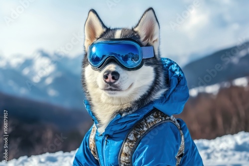 A husky dog wearing goggles and a blue jacket poses in a snowy landscape, suggesting adventure and winter sports.