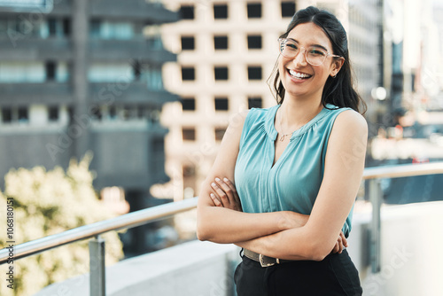 Smile, arms crossed and portrait of business woman for financial advisor, corporate or confidence. Consultant, professional and pride with person from Brazil for risk management and company treasurer