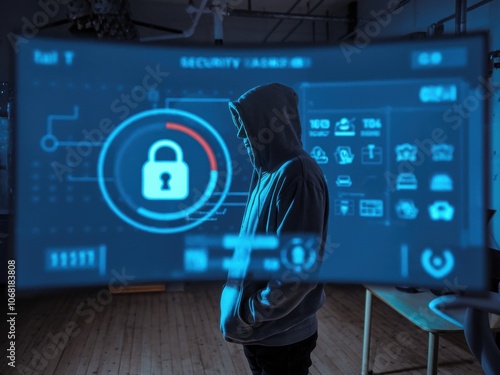 IT Security Professional Standing in Front of Computer Screen Featuring a Lock Icon - Cybersecurity Industry