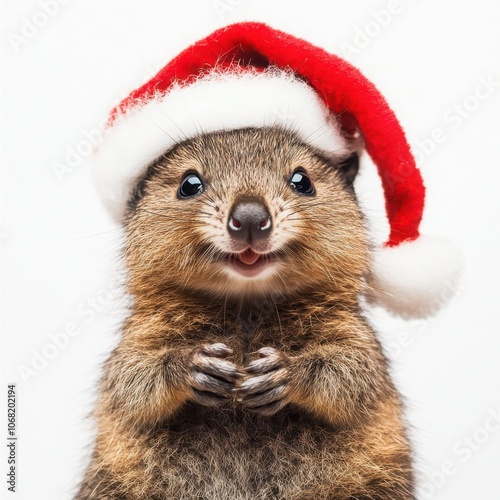 Adorable baby quokka in santa hat showcasing its famous smile with a joyful joey in pouch