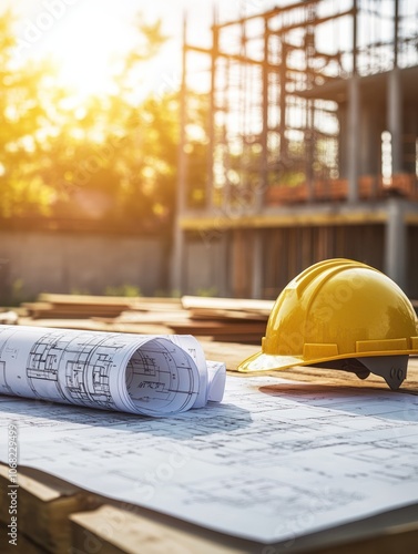 House blueprints on site, architectural plans spread out on a construction table, Planning, residential building