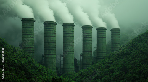 Lush green landscape with smokestacks emitting steam, symbolizing eco friendliness