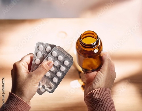 Woman holding blister packs and pill bottle, increasing medicine expenditure