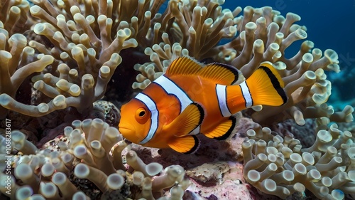 Cute anemone fish playing on the coral reef, beautiful color clownfish on coral reefs, anemones on tropical coral reefs