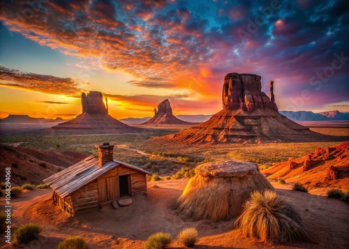 Serene Sunrise Over a Traditional Navajo Hogan in Monument Valley Tribal Park, Capturing the Majestic Landscape and Cultural Heritage of the Southwest