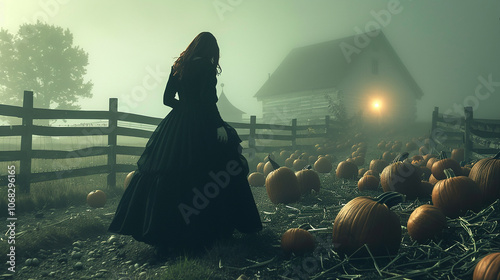 A woman in a black dress walks through a field of pumpkins towards a mysterious cabin in the fog.