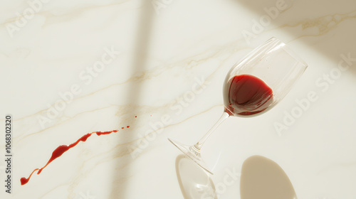 Glass Lying on Its Side on the Table with Red Wine Spill | Wine Accident, Broken Glass, Messy Table, Wine Stain, Unintended Spillage, Red Wine Drama