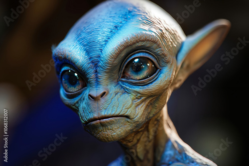 A close up of an alien with blue eyes