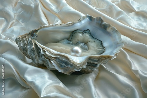 Beautiful large open oyster with mother-of-pearl in the middle on a chic white satin fabric. Background for advertising and marketing of jewelry and skin care products