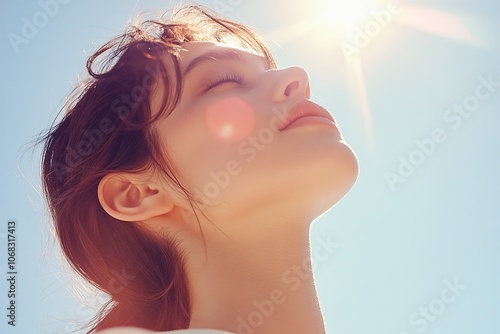 Woman Enjoying Sunlight with Closed Eyes, Close-up of a young woman with eyes closed, basking in sunlight against a clear blue sky, capturing a serene and peaceful moment.