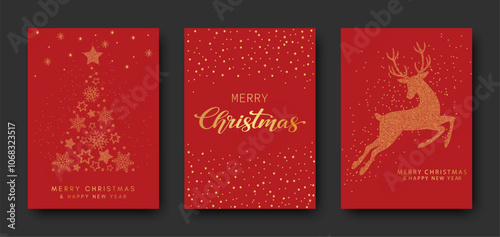 Luxury golden greeting card with Merry Christmas and Happy New Year. Christmas tree, deer made of gold foil on a red background.