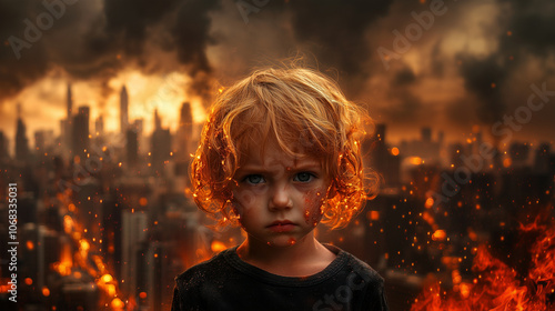 A young witness to the aftermath of humanity’s unsustainable choices, standing alone in a world collapsing due to chaos sparked by climate change and the doomed war over finite natural resources