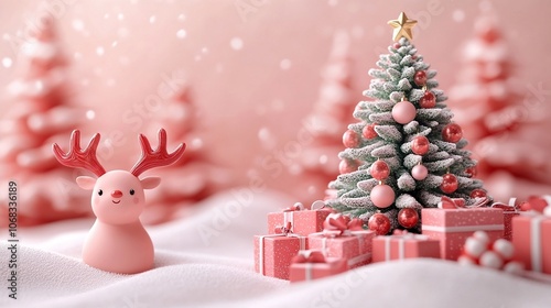 A festive scene featuring a cute reindeer beside a decorated Christmas tree with gifts, snowflakes falling softly around