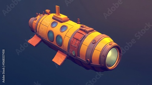 A yellow and orange cartoon submarine with large windows, a periscope, and a spotlight on the front, isolated on a blue background.