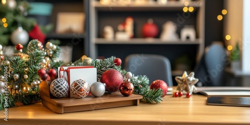 Medium shot of a holiday-themed business card holder placed on a desk, surrounded by other festive office decorations like garlands and small ornaments.