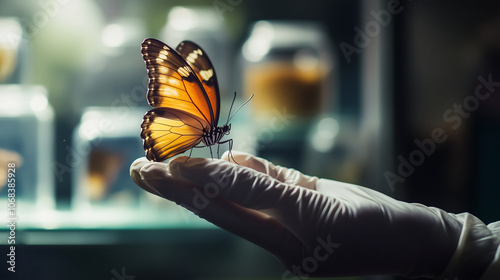 Gloved Hand Holding Orange Butterfly in Scientific Laboratory Setting