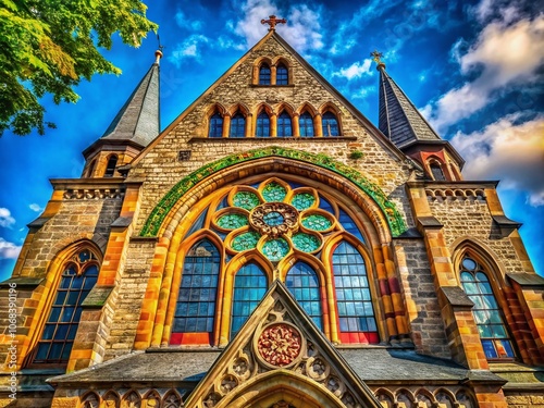 Macro Photography of the Evangelical Church of the Resurrection in Bad Oeynhausen, Germany, Showcasing Architectural Details from the 1956 Reconstruction After the 1947 Fire