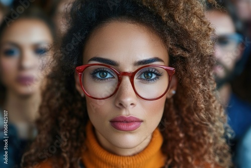 A poised woman with striking red glasses and defined curls gazes seriously at the camera, capturing a moment of intensity and focus against a subdued backdrop.