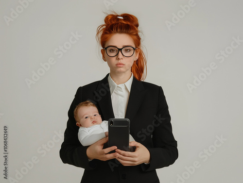 Une femme en costume tailleur corporate jongle entre son travail, représenté par un smartphones, et sa vie de mère, maternité en entreprise, équilibre vie privée, allaitement, bébé et congé maternité