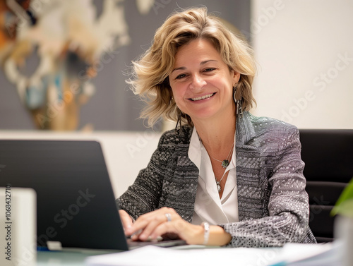 Femme souriante de 50 à 60 ans en chemise tailleur travaille à son ordinateur portable à son bureau, fond blanc minimaliste