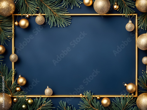 Christmas card. Frame borders made of gold balls, decorations, fir branches on dark blue background. Luxury style. Top view.