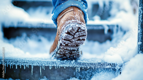 A worker struggles to free their foot from a frozen metal step after encountering frostbite in winter conditions on a snowy day